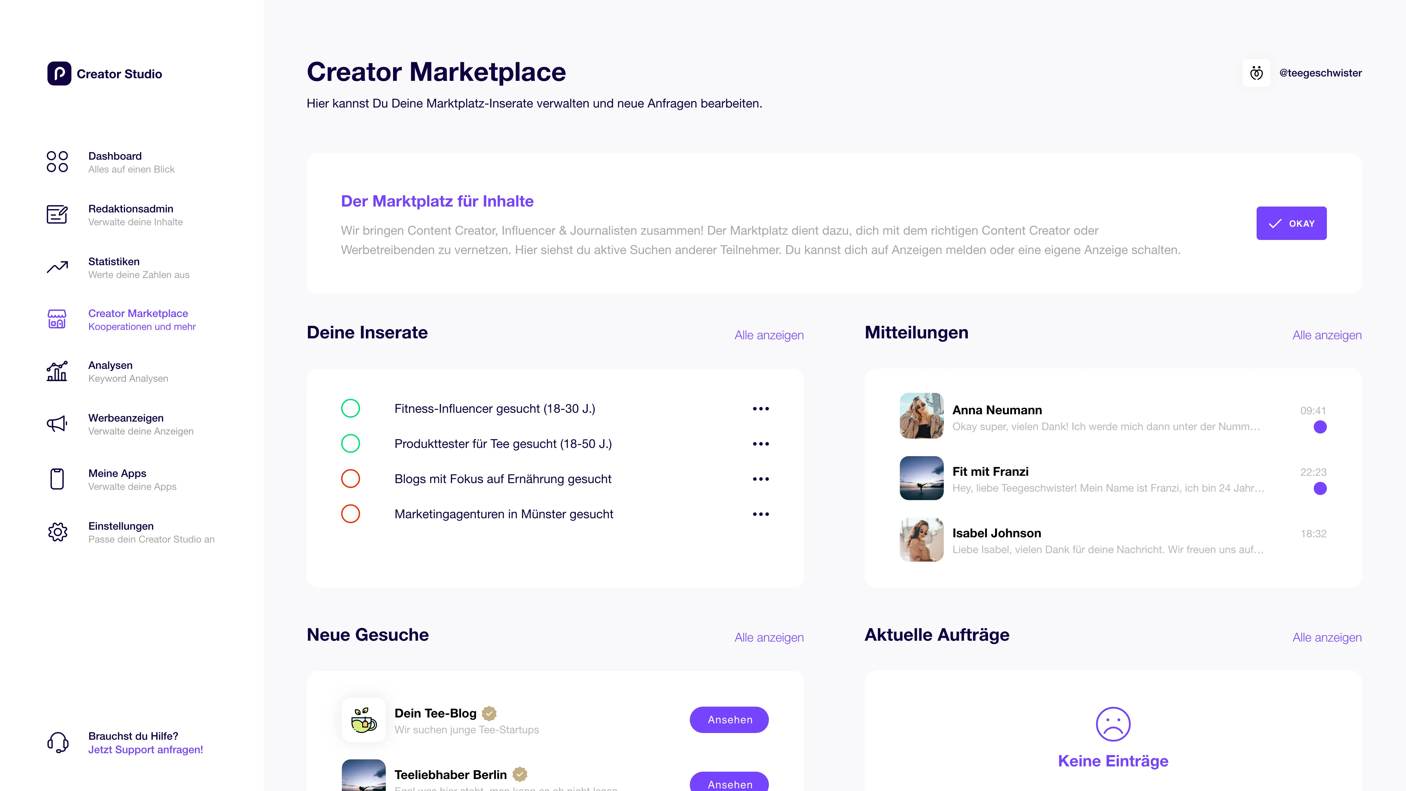 The marketplace for companies & content creators in the Creator Studio