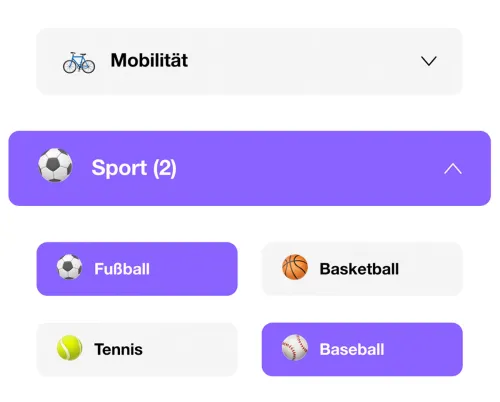 Wybierz tematy takie jak mobilność, sport (piłka nożna, koszykówka, ...) i więcej.